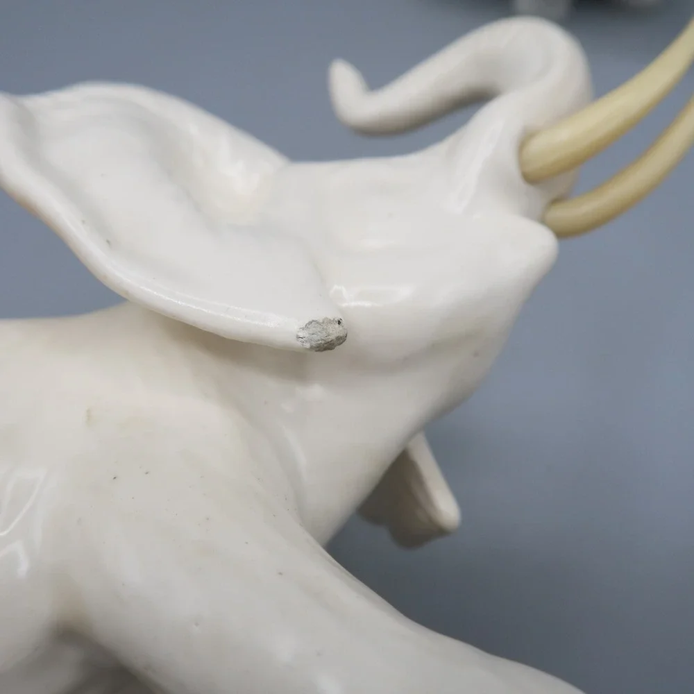 2 White Ceramic Elephant Figurine Trunk Up‎ Tusks 6in & 4in Lot of 2 set